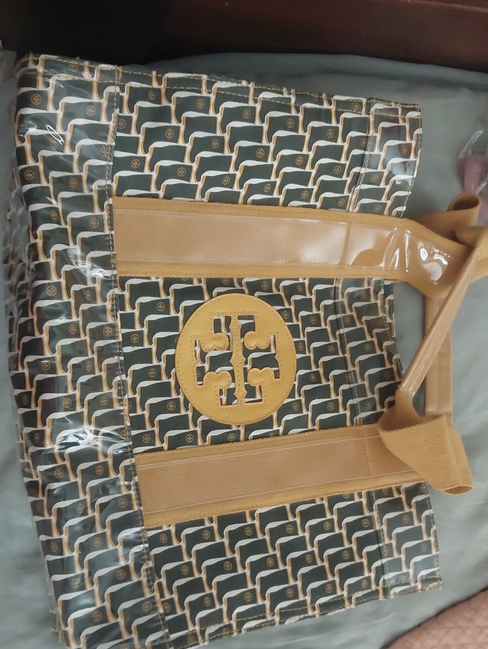 Tory Burch Navy Patterned Tote with Tan Trim
